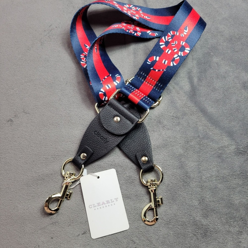 Clearly Handbags Adjustable Navy‎ Red Snake Print Bag Strap With Gold Clasps